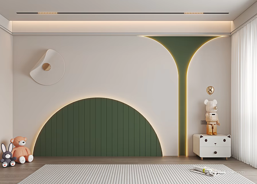 Modern Kids Room Accent Wall With Arched Green Panel And Lighting 3d model 