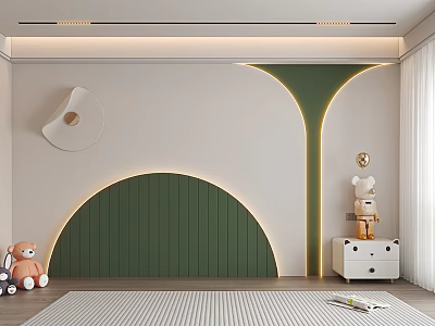 Modern Kids Room Accent Wall With Arched Green Panel And Lighting 3d model