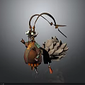 Anthropomorphic Character With Horns In Orange Red Decorative Outfit And Fluffy Fox Like Tail