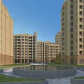 Yellow Multi Storey Residential Buildings With Green Lawn In Front And Blue Sky