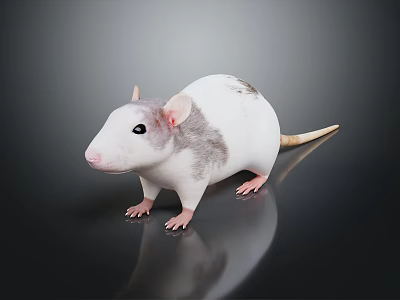 White and Gray Rat with Pink Ears and Paws on Dark Shiny Surface 3d model