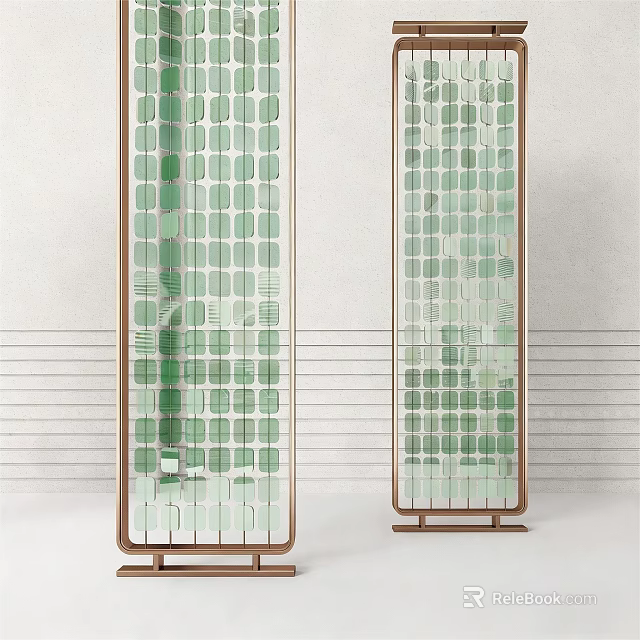 Modern Green Glass Room Divider With Grid Pattern And Wooden Frame 3d model 