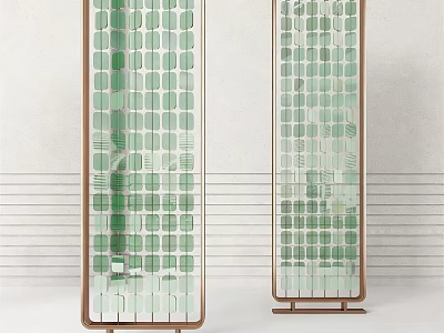 Modern Green Glass Room Divider With Grid Pattern And Wooden Frame 3d model