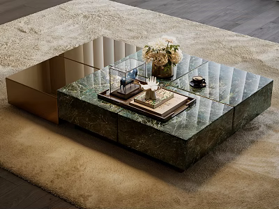 Elegant Coffee Table With Green Marble Top And Gold Frame On Beige Rug Featuring Flowers And Candles 3d model