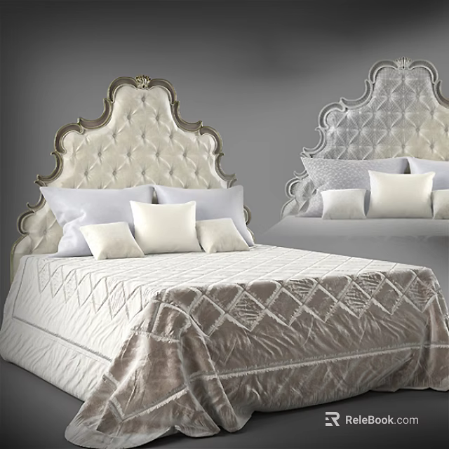 Elegant Double Bed With Tufted Headboard Gold Trim And Diamond Pattern Bedspread 3d model