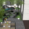 Courtyard Garden With Outdoor Dining Area Wooden Table Chairs Stone Paved Floor And Green Plants