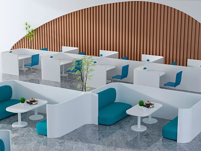 Modern Public Area Public Chair Design With Blue Seats White Partitions And Wooden Wall 3d model