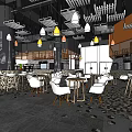 Modern Supermarket Department Store Interior Open Layout With Tables Chairs Pendant Lights And Tile Floor