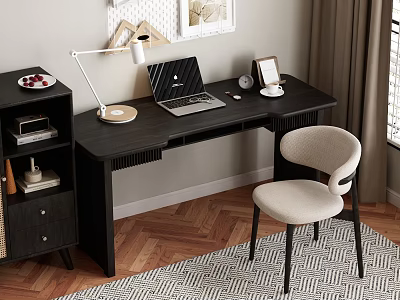 Modern Dark Desk Interior With Laptop Table Lamp Clock Photo Frame And Chair 3d model