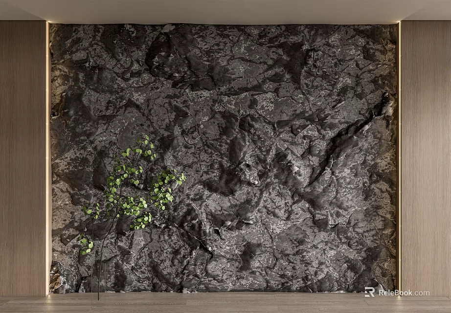 Dark Textured Natural Stone Background Wall With Green Plant And Wooden Frame 3d model 