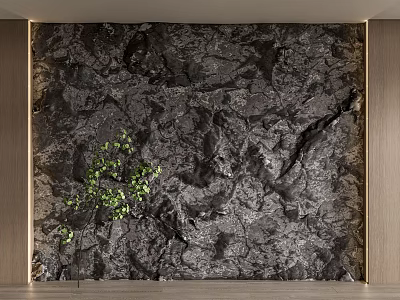 Dark Textured Natural Stone Background Wall With Green Plant And Wooden Frame 3d model