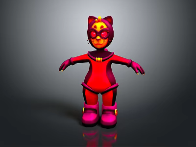 Cartoon Cat In Red And Pink Costume With Cat Ears Glowing Eyes And Yellow Accents 3d model