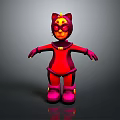 Cartoon Cat In Red And Pink Costume With Cat Ears Glowing Eyes And Yellow Accents