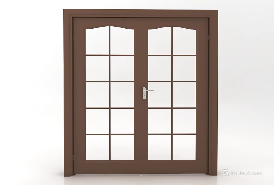 Brown Double Door with Glass Grid Window Panels and Modern Design 3d model