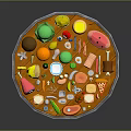 Daily Living Items With Fruits Snacks Drinks And Vegetables On Wooden Round Table