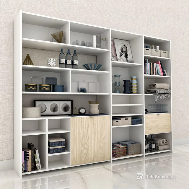 Modern Multi Compartment Shelving Unit With Books Storage Boxes And Decorations 3d model