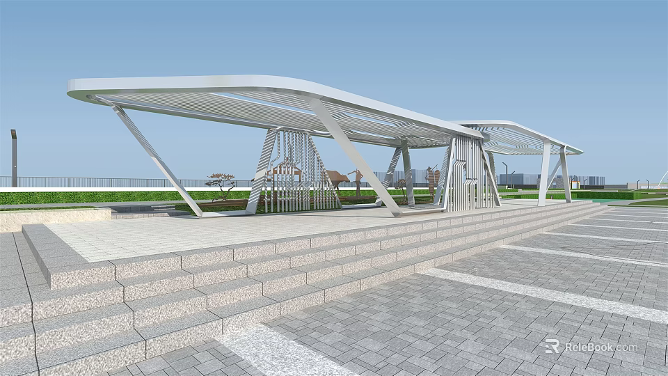 Modern Pergola With Metal Frame And Stone Steps In Outdoor Landscaped Area 3d model 