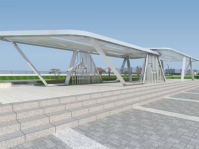Modern Pergola With Metal Frame And Stone Steps In Outdoor Landscaped Area 3d model