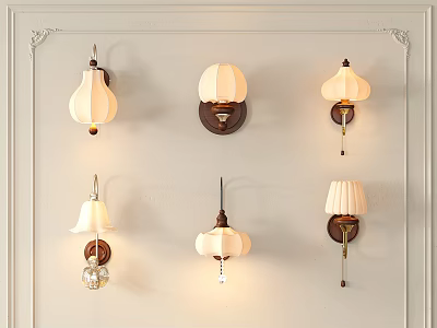 Decorative Wall Lamps With Multiple Designs White Shades And Brown Bases Mounted On Wall 3d model