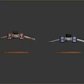 Two Colorful Sci Fi Spaceship Models With Red Blue Bodies And Transparent Bases