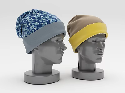 Two Stylish Beanies With Blue Patterned Gray Trim And Brown Yellow Trim On Mannequin Heads 3d model
