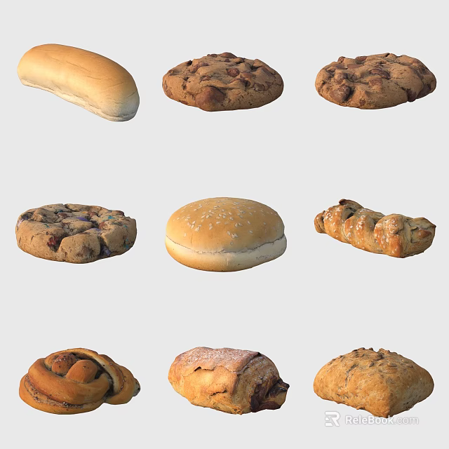 Various Types of Freshly Baked Bread and Pastries with Chocolate Chips and Sesame Seeds 3d model 