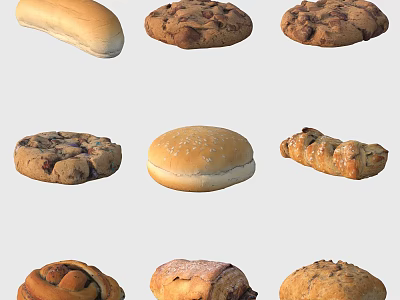 Various Types of Freshly Baked Bread and Pastries with Chocolate Chips and Sesame Seeds 3d model