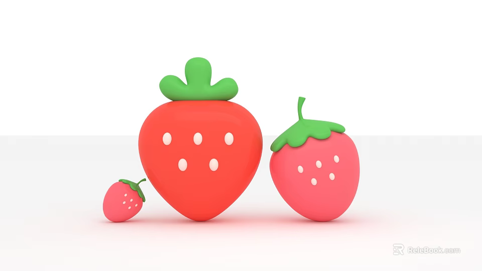 Three Red Strawberries With Green Leaves White Dots And Different Sizes On White Background 3d model