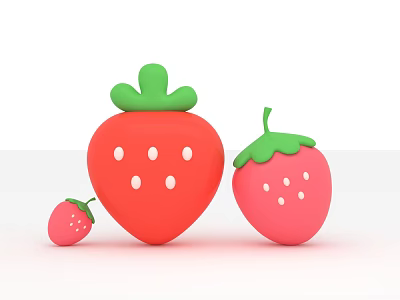 Three Red Strawberries With Green Leaves White Dots And Different Sizes On White Background 3d model