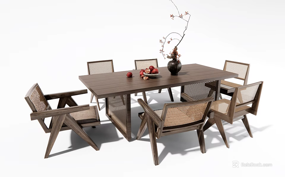 Modern Wooden Dining Table Set With Woven Chairs And Decorative Vase Fruit 3d model 