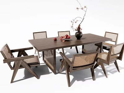 Modern Wooden Dining Table Set With Woven Chairs And Decorative Vase Fruit 3d model