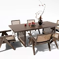 Modern Wooden Dining Table Set With Woven Chairs And Decorative Vase Fruit