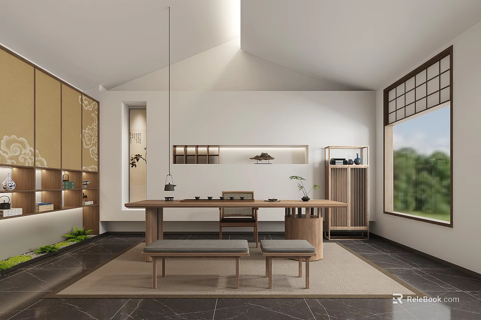 Modern Minimalist Tea Room Interior With Wooden Furniture And Large Window 3d model 