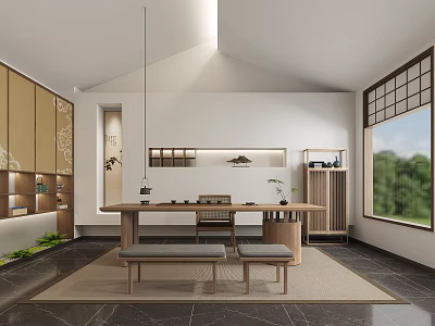 Modern Minimalist Tea Room Interior With Wooden Furniture And Large Window 3d model
