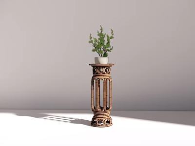 Bonsai Potted Plant On Decorative Wicker Rattan Pedestal Against Light Wall 3d model