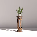 Bonsai Potted Plant On Decorative Wicker Rattan Pedestal Against Light Wall