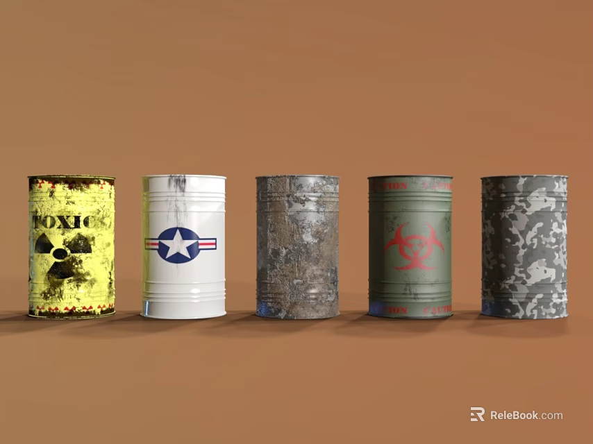 Industrial Metal Drums With Various Symbols And Rustic Colorful Finishes 3d model 