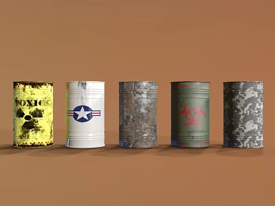 Industrial Metal Drums With Various Symbols And Rustic Colorful Finishes 3d model