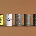 Industrial Metal Drums With Various Symbols And Rustic Colorful Finishes