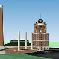Historic Tower Style Office Building Exterior Design With Adjacent Chimney And Low Rise Structure