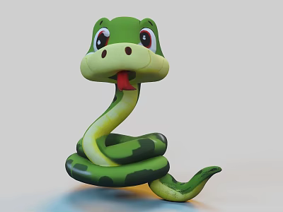 Cute Green Cartoon Reptile Snake With Black Stripes Coiled Sticking Tongue Out 3d model
