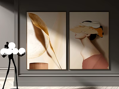 Room Wall Art Decor With Two Paintings Leaf Wooden Platform Woman Hat Black Floor Lamp 3d model