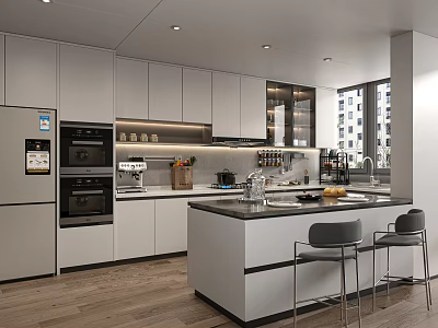 Modern Kitchen Interior With White Cabinets Black Countertop Island And Chairs 3d model