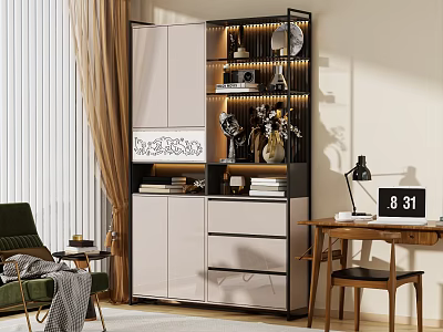 Modern Home Office Wooden Desk With Bookcase Decorative Items And Table Lamp 3d model