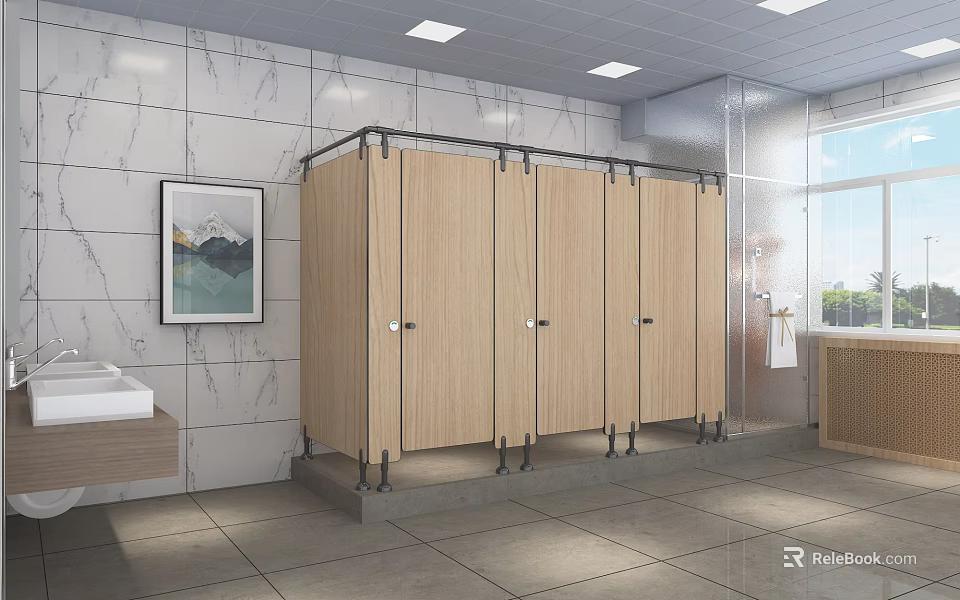 Bright Public Restroom With Wooden Stalls Tiled Walls Sink And Window 3d model 