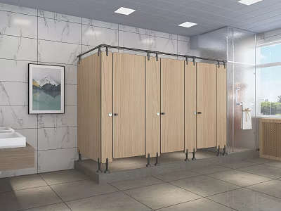 Bright Public Restroom With Wooden Stalls Tiled Walls Sink And Window 3d model