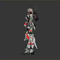 Game and Movie Character Mech Style Robot with Red White Color Scheme and Gold Accents