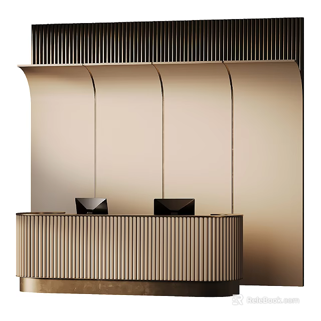 Modern Reception Desk With Striped Design And Black Chairs In Lobby Area 3d model 