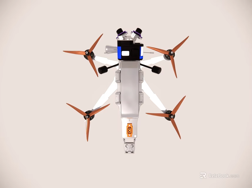 White Drone With Orange Propellers Blue Camera And Lightweight Body Structure 3d model 