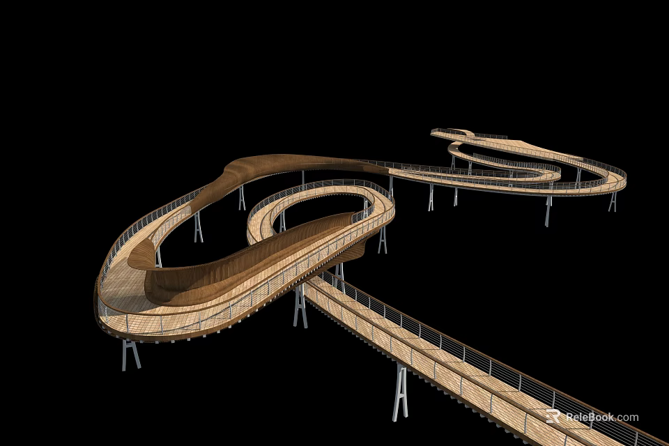 Elevated Curved Wooden Walkway With Metal Supports And Modern Design 3d model 